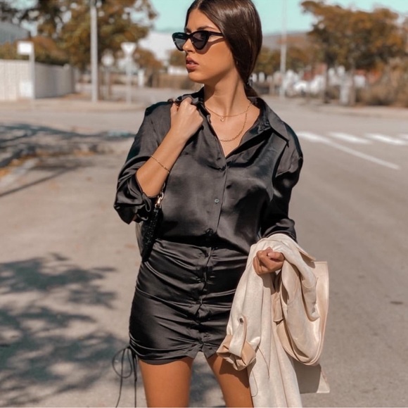 Zara Satin Shirt Mini Dress Black Blogger’s Favorite - Picture 10 of 16